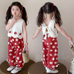 セットアップ 上下セット 子供服 女の子 女児 小学生  タンクトップ ノースリーブ トップス 長ズボン ロングパンツ キッズ トップス トマト柄  ボトムス リボン 可愛い  おしゃれ カジュアル 90cm 100cm jinrui01