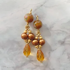 【選べる金具】チェコランプビーズ ローズ スワロフスキーパール ピアス イヤリング ブラウン No.1973