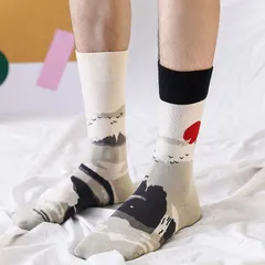 メンズ靴下 1足組 おしゃれ ユニーク 個性的 左右非対称 ゼブラ 工具 水墨画 ミドル丈