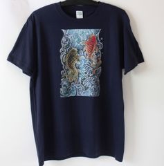 和柄 鯉の滝登り Tシャツ ネイビー 紺 メンズ L 5.6oz
