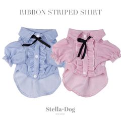 【閉店セール全品半額】リボン付きストライプシャツ　ブラウス　トップス　レッド　ブルー　犬服　ペット服