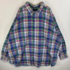 古着 ラルフローレン RALPH LAUREN 長袖シャツ ワンポイント ロゴ 刺繍 大きいサイズ ボタンダウンシャツ 6XB BIG  ブルー系 マルチカラー メンズ