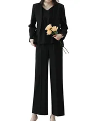 ブラック_S [Yino] イノ セットアップ 3点セット レディース パンツスーツ ジャケット＋ブラウス+ワイドパンツ 体型カバー 洗える スーツ 着?せ おしゃれ 女性らしい ママ 通勤 入学式 卒業式 面接