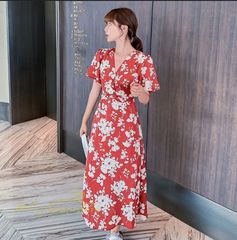 夏ワンピース レディースワンピ シフォンワンピース 小顔効果 着痩せ感UP きれいめ 体型カバー 膝下 花柄 韓国ファッション Aライン 女の子 着痩せ ドレス