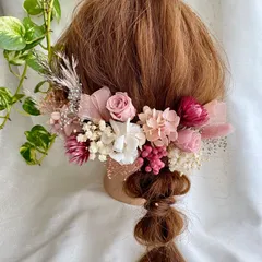 髪飾り　ドライフラワー　ピンク　くすみピンク　バラ　リボン　結婚式　成人式　卒業式　前撮り　ウェディング　ブライダル　ヘアアクセサリー　ドレス