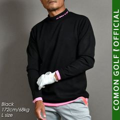 新品【COMONGOLF/コモンゴルフ】フェイクレイヤードネオンカラー切替エアーポンチ素材長袖モックネックゴルフシャツ/ブラック(CG-LT4013)ゴルフウェア ローネック 長袖 秋 冬 春 ストレッチ