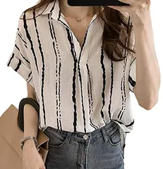 1/2style(ニブンノイチスタイル） おしゃれ 半袖 ドライ とろみ デザイン ストライプ シャツ レディース( 白,  L)