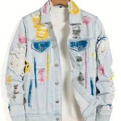 新品 デニム ジャケット Lサイズ Gジャン ジージャン ダメージ加工 ランダムカラー 総柄 上着 ジャケット アウター メンズ 韓国 韓流 オルチャン ファッション長袖 春物 春服 ノーブランド ストリート 古着 ユーズド アメカジ USA ロック アート