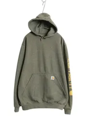 【お得なクーポン配布中!】 カーハート 袖 プリント スウェット フード パーカー メンズ M 古着 トレーナー 裏起毛 プルオーバー ミドルウェイト カーキ モス グリーン