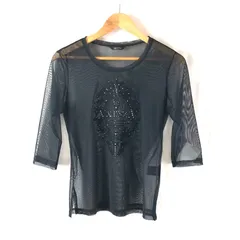 バレンザ VALENZA カットソー シースルー ロゴ入り ラインストーン スリット裾 日本製 黒 40サイズ 964805