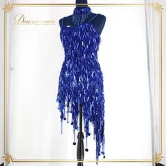 社交ダンス 衣装 ラテン ドレス ワンピース レッスンウェア レディース オールシーズン 青 チョーカー ブルー系 スパンコール ビース 派手 かわいい アシンメトリー 気品 ダンス用 ドレスアップ 衣装用 ステージウェア 輝く おしゃれ モダンスタイル