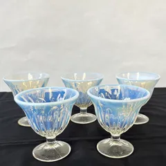 明治頃 乳白ぼかし 糸巻文 輪花和ガラス脚付鉢 氷コップ