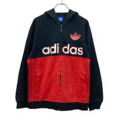 adidas プリントスウェット パーカー S ブラック レッド アディダス ジップアップ バックロゴ 刺繍ロゴ 古着卸 アメリカ仕入 a709-6268