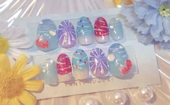 ②サイズオーダー🆓✨　ハンドメイド　ネイルチップ　サイズオーダー可　夏　金魚　花火　ヨーヨー柄　雫　波紋　涼しげ　浴衣ネイル