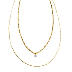 【ゴールド × ワンサイズ】[Cream dot. クリームドット公式] ネックレス レディースステンレス製 金属アレルギー つけっぱなし サージカルステンレス ショート ペタルチェーン レイヤード風 二連 重ねづけ 一粒ビジュー 大人