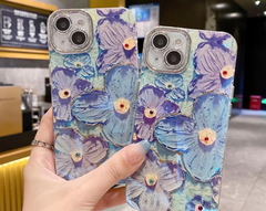 【匿名配送、無料】iPhone 14 15 Pro ProMaxレンズフィルムキラキラ オイルペイント花 お洒落 女性用スマートフォンケース
