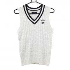 【美品】キャロウェイ ニットベスト 白×ネイビー ケーブル編み ウール混 Vネック レディース L ゴルフウェア Callaway