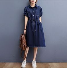 デニムワンピース 夏ワンピ レディース 半袖 おしゃれ ファッション 春夏 カジュアル 体型カバー ゆったり きれいめ ネイビー 日常 大人 可愛い 膝下 ミディ丈 プレゼント XLサイズ dt122t2