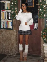 オフショルダー ニット ＆ チェック プリーツ スカート set