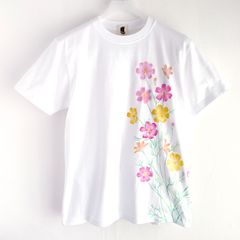 メンズコスモス柄Tシャツ ホワイト 手描きで描いた秋桜柄Tシャツ