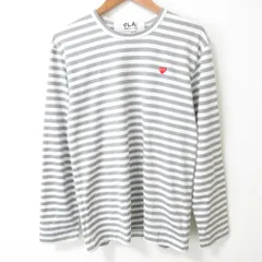 新品同様 プレイコムデギャルソン ボーダー ハートワッペン ロングスリーブ カットソー Tシャツ AD2019 サイズM グレー ホワイト メンズ 古着 中古 USED