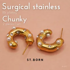 ［ST.BORN］新作　ステンレス　ミニパール＆ジルコニア　C型ビジューフープピアス　ぽってり　チャンキー　18金ゴールドメッキ　金属アレルギー対応　ギフト対応