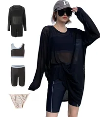 [LIMSE] 3点セット 水着 レディース スポーツブラ+ショートパンツ+カバーアップ ラッシュガード 体型カバー UV対策 トレーニングウェア ヨガ ピラティス ブラック M 