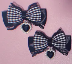 リボンヘアクリップ ブラック ギンガムチェック ハートチャーム ♡量産型地雷系