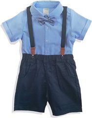 CHOOSEWAY 소년 포멀 반소매 셋업 세련된 옷 아동복 서스펜더 나비 넥타이 여름복 4점 세트(블루, 90)