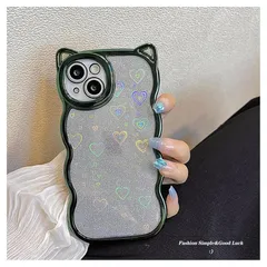 Jinrayplus iPhone 12 ケース 対応 韓国 おしゃれ おもしろ メッキ 曲面 ベゼル iPhoneケース 贅沢 3D ステレオ 猫耳 が光る レーザー 光沢 ハート型 キラキラ フラッシュペーパ かわいい 面白い スマホケース （ iPh 1