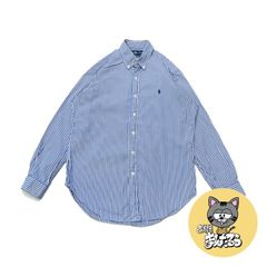 90s 古着 ラルフローレン 長袖シャツ ストライプ 刺繍ロゴ M