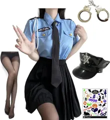 Madrugada(マドルガーダ) ポリス コスプレ 婦警 コスチューム フルセット 手錠 警察帽子 タイツ ハロウィンタトゥーシール レディース 5点セット S775( ネイビー,  M)
