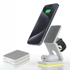 ワイヤレス充電器 3in1 急速充電 マグネット式 iPhone/AirPods/Apple Watch 対応 3台同時 充電スタンド 折りたたみ式 軽量 コンパクト出張 旅行用 Lumos (ホワイト) [ホワイト]
