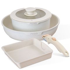 ♪新品＆未使用＆未開封♪ フライパン セット ih 5点 IH～ガス火対応 取っ手が取れる ソースパン 蓋付き 簡単調理 お弁当 蓋 鍋 軽い キッチン用品 食器 調理器具 手入れ簡単 passo-set5