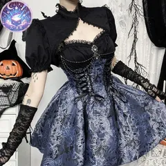 星【 新品 未使用】ダークゴシック lolita ゴシック風 ゴスロリ ロリータワンピースセット ブラックボレロ付き ハロウィン 魔女風 ブラック ブルー 痛ロリ 地雷系 可愛い お洒落  コルセット風 キャミワンピース セクシーコスプレ 地雷ファッション
