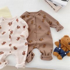 【即納】ベビー服くまさん柄サーマルワッフル長袖ロンパースカバーオール赤ちゃん
