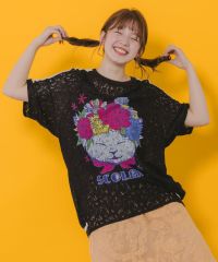 ScoLar（スカラー）花ネコ柄レースTシャツ　オフホワイト、ブラック　152648