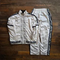 90年代 asics アシックス デザイントラックジャケット トラックパンツ セットアップ メンズL 古着 90s ヴィンテージ Vintage ロゴ刺繍 オフホワイト ネイビー シルバー