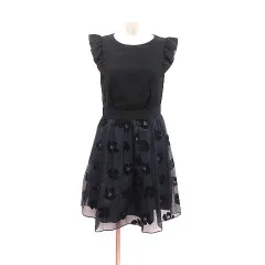ジルバイジルスチュアート JILL by JILLSTUART ワンピース フレア ミニ チュール ドッキング 花柄 フレンチスリーブ M 黒 ブラック 紺 ネイビー /YK