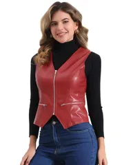 Allegra K レディース フェイクレザー コート Vネック ノースリーブ ジッパー モーターサイクル バイカー ヴィンテージ ベスト ジャケット レッド M