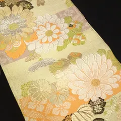 袋帯正絹ゴールド系纐纈織流水文牡丹菊梅楓紗綾形文着物