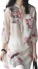 aspersio アスペルシオ きれいめ 花柄 7分袖 プルオーバー チュニック 大人可愛い お洒落 トップス エレガント さらさら バンドカラー aライン アジアン アウトドア(フラワーピンク(厚手),  XL)