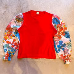 袖シフォン　花プリント　ニットプルオーバー