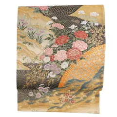 中古 袋帯 正絹 唐織 金糸 クリーム色 赤 ピンク 橙 黄色 白 紫 緑 菊 牡丹 九百錦本金貳重箔 山水優彩花文 礼装用 フォーマル No.6-1436