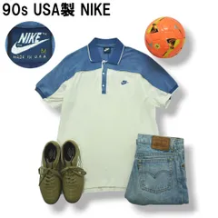 90s ヴィンテージ USA製 ナイキ NIKE 半袖 ポロシャツ スウッシュ ロゴ ラグランスリーブ M ライトブルー x ホワイト スポーツ カジュアル ストリート メンズ