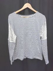 ◇ Θ miette ミエット ボーダー メッシュスリーブ 切替 長袖 Tシャツ カットソー サイズF ホワイト ネイビー レディース E  【1411130015205】