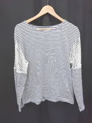 ◇ Θ miette ミエット ボーダー メッシュスリーブ 切替 長袖 Tシャツ カットソー サイズF ホワイト ネイビー レディース E  【1411130015205】
