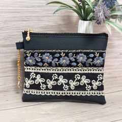 インド刺繍リボン フラットポーチ ブラック マルチポーチ キーホルダー