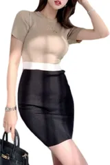 [NAKACHI] ニット ワンピース 半袖 スリム 上品 シンプル モノトーン 膝丈 レディース (ベージュ×ブラック) [ベージュ/ブラック] [Free Size]