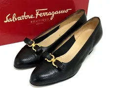 ■美品■ Salvatore Ferragamo フェラガモ ダブルガンチーニ レザー パンプス ヒール 表記サイズ 6 (約23cm) 靴 ブラック系 DK1095